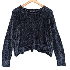 Zara Chenille Sweater Womens Blue Long Sleeve Scalloped Hem Oversized Size S